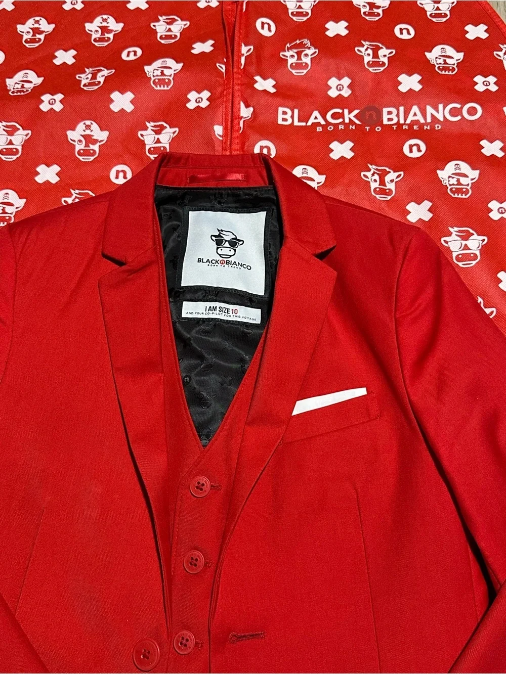 BLACK N BIANCO. 3 PIECE RED SUIT Jacket, Vest, & Pants